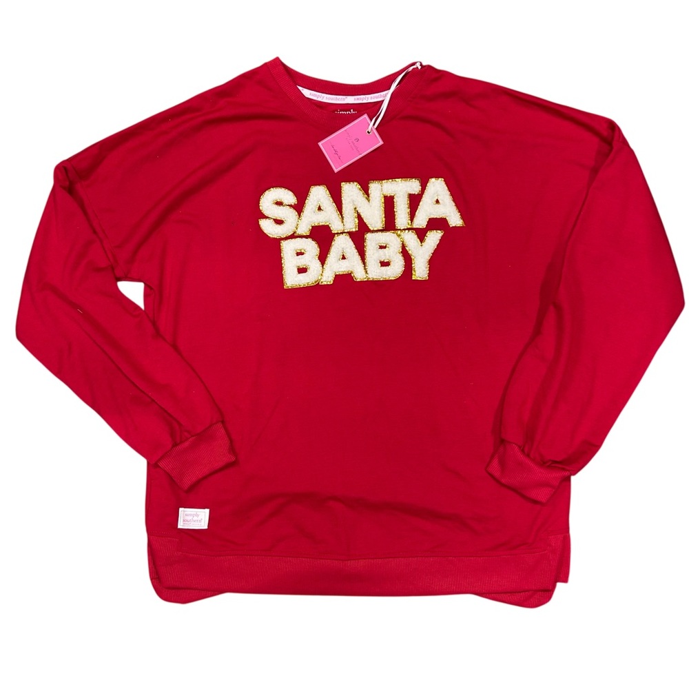 NWT SIMPLY SOUTHERN WOMENS‎ LARGE SANTA BABY SPARKLE LETTERS PULLOVER SWEATSHIRT